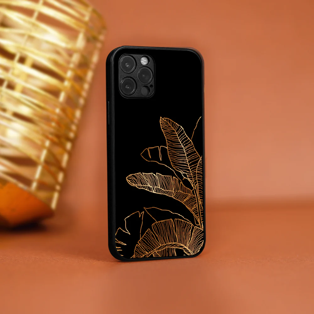 Black and Gold Tropical Leaves Glass Case